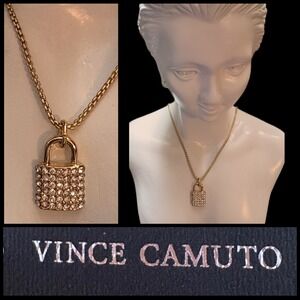 Vince Camuto Gold Tone Pave Crystal Lock Charm Pendant Dainty Chain Necklace